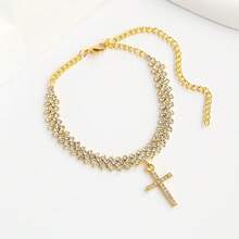 A Stylish And Luxurious Rhinestone Cross Anklet, Perfect For Women To Wear On Casual Outings, Vacations, Beach Parties, And Dates.It Is An Ideal Gift For Birthdays And Valentine's Day. - Vàng - Xem 5