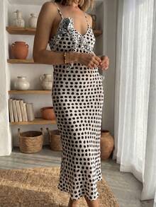 Women's Polka Dot Maxi Slip Dress, Elegant Ruffle Hem Spaghetti Strap Dress For Party, Wedding, Date Night, Spring/Summer White - White - View 5