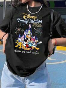 Women Round Neck Short Sleeve Cotton T-Shirt With Disney Family Vacation 2026 Print Casual Top Disney World Theme Park Tee - Black - View 1
