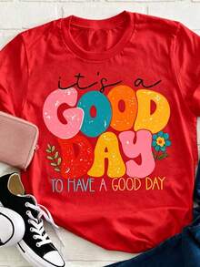 Women's Positive Motivational Slogan T-Shirt | Printed Text "Live Every Beautiful Day To The Fullest", Decorated With Colorful Fonts And Floral Patter - 紅色 - 查看 7