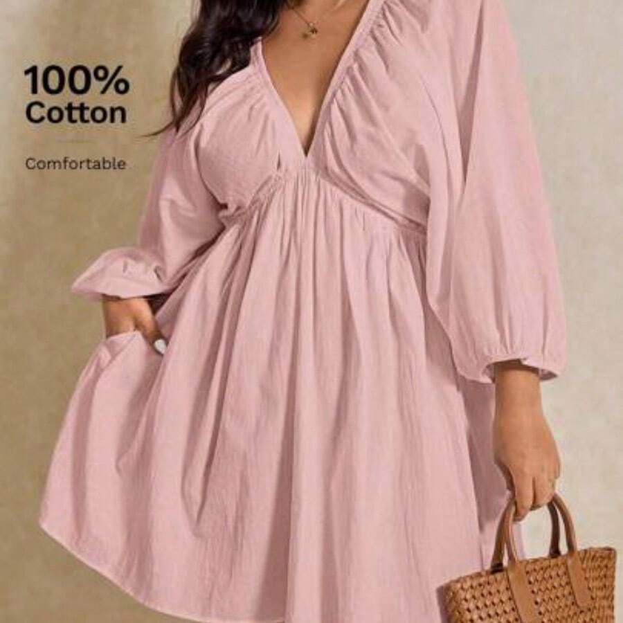 Elaquor Plus Size Casual Solid Color Lantern Sleeve Dress - Rosa vieja - Ver 1