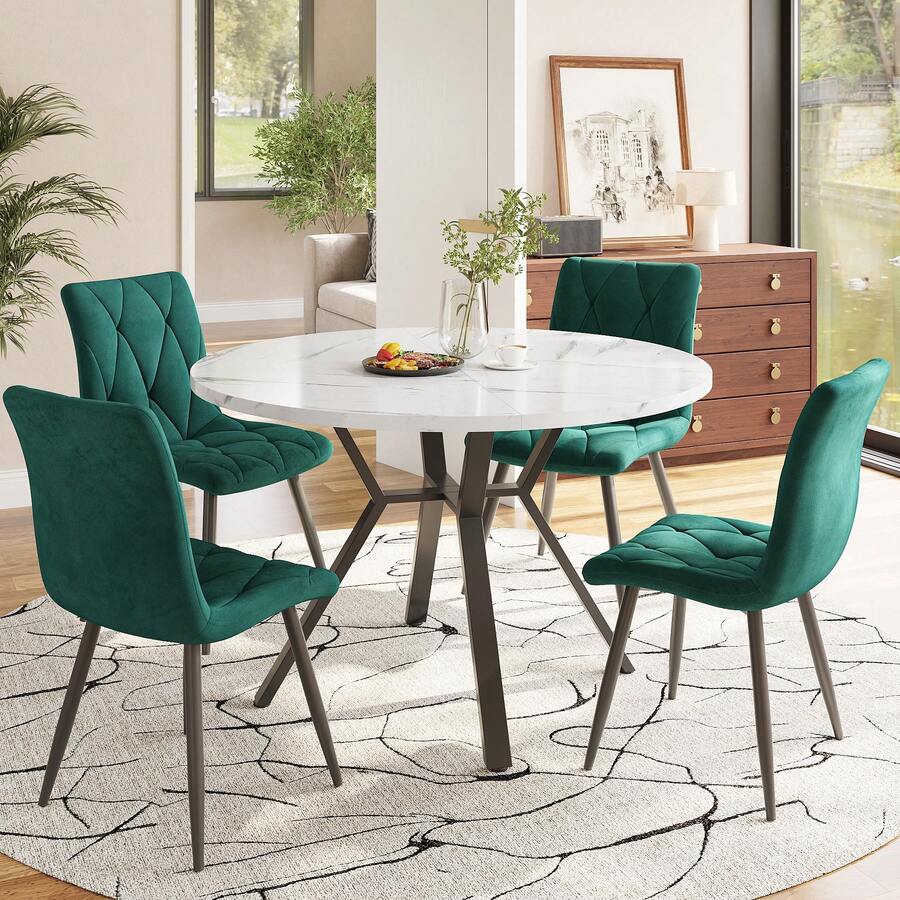 Dining Room Table And Chairs Set (5 Pieces), Modern And Minimalist Style. Round Marble Table, Black Metal Table Legs + 4 Ergonomic Green Suede Chairs. - White + Black + Green - View 1