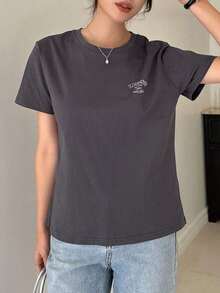 Camiseta De Manga Corta Con Letras Impresas - Gris Oscuro - Ver 4