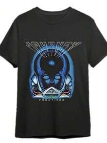 Journey Frontiers Album Cover Art Rock Band Tour T-Shirt Cotton Graphic Print Short Sleeve Crew Neck Casual T-Shirt For Men Machine Washable Perfect Gift For Fans Men's Size Clothing Printed Cotton Retro Fashion Brand T-Shirt, Men's T-Shirt, Beach Essential, Men's Summer T-Shirt, Holiday Gift, Perfect Present. WFJK - Black - View 7