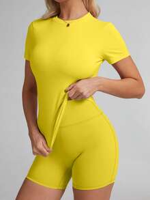 6pecil Buttery Soft Solid Color Slim Fit Fitness T-Shirt, Breathable Short Sleeve Yoga Top, High Quality Elastic Gym Shirt - Yellow - View 13