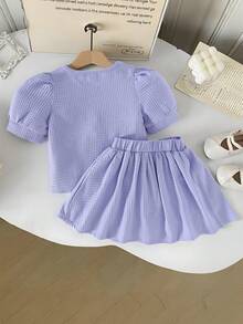 Bộ đồ đôi thanh lịch tối giản cho bé gái: áo sơ mi tay ngắn cổ vuông chất liệu họa tiết và chân váy cạp chun màu tím, thích hợp cho mùa hè. - Màu tím - Xem 9