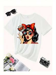 Camiseta con Estampado de Personajes Vintage, Top Casual de Manga Corta con Cuello Redondo, Adecuada para Primavera y Verano, Cómoda y Transpirable, Apta para Todas las Temporadas, Ropa de Mujer - Blanco - Ver 5