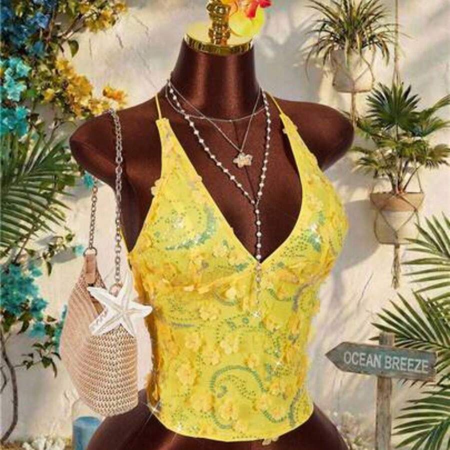 2025 New Summer Vacation Tank Top, Embroidered Beaded Deep V-Neck Casual Sexy Women's Camisole, Back To School Party Red Sequin Top Y2k Sequin Top - Amarillo - Ver 1