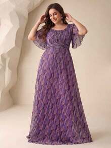 UNITHORSE Plus Size Women V-Neck Ruffle Sleeve Glitter Backless Elegant Evening Party Bridesmaid Dress Wedding Spring - Purple - View 3