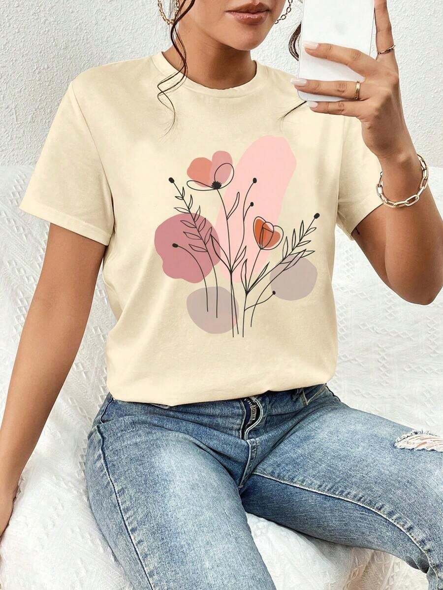 Camiseta Casual Holgada de Mujer con Estampado Floral, Cuello Redondo y Manga Corta, Adecuada para Verano, Estilo Vintage Urbano, Unisex, de Algodón, Manga Corta y Cuello Redondo. - Albaricoque - Ver 1