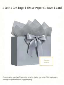 4pcs/Set Gift Bags Set, Champagne Silver Gray Gift Bag Set, Luxury Gift Bags With Handles, Bow Decor Paper Gift Bags With Tissue Paper Card And Ribbon For Wedding Birthday Valentine Bridesmaid Christmas Party Gift Packaging - Silver-gray - View 8