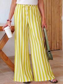 Women's Casual Striped Straight Loose Pants For Summer, Suitable For Daily Wear & Vacation - Fluorescent Yellow - View 5