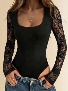 Women Black Lace Long Sleeve Square Neck Bodysuit, Stretchy Ribbed Fitted Sheer Floral Sleeve Sexy Top For Date Night, Party, Going Out & Casual Wear - Black - View 4