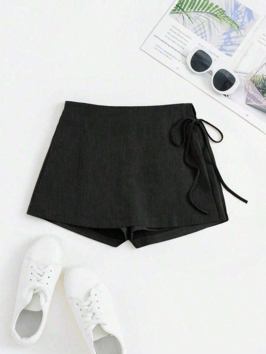 Falda-Pantalón Casual con Cintura Alta, Diseño Envolvente y Lazo Lateral, Perfecto para Look de Verano y Eventos Sociales - Negro - Ver 1