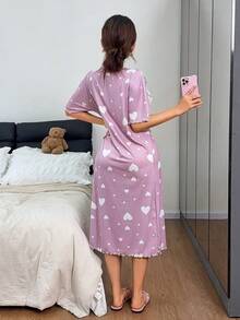 Dreamivo Lace Patchwork Romantic Heart Print Babydoll Sleepwear, Perfect Summer Short Sleeve Nightgown For Women - Pink - View 6