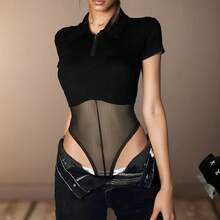 Body de malla con perspectiva superior de manga corta para mujer, mono, ropa para mujer, mono negro liso con cremallera, mono Sexy de calle Y2k para verano, negro - Negro - Ver 5