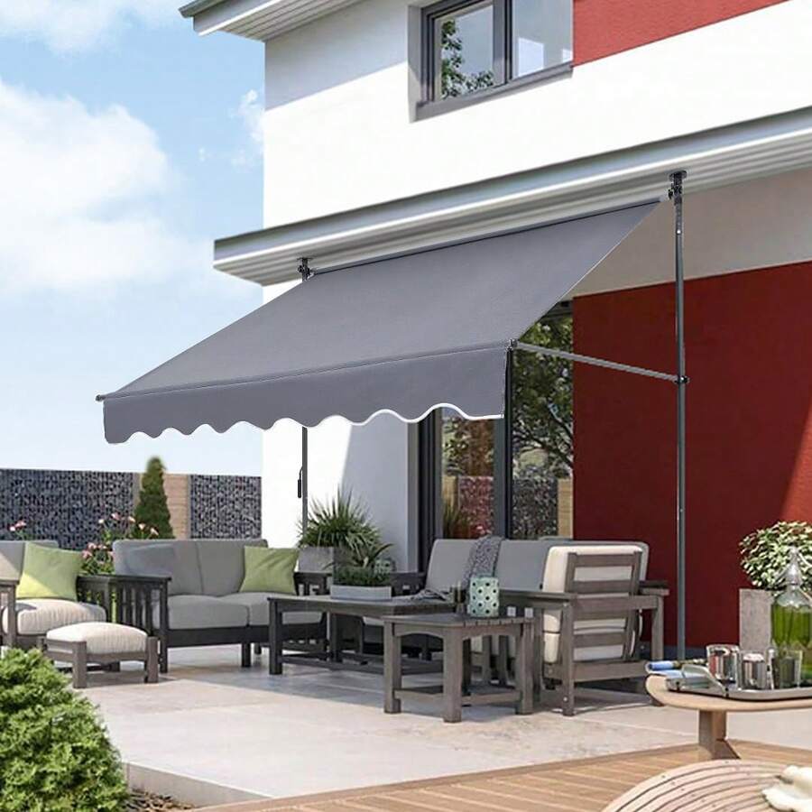 Manual Retractable Awning, 78" Outdoor Retractable Patio Awning Sunshade Shelter, Adjustable Patio Door Window Awning Canopy With 39" Sun Shade Curtain For Backyard, Garden, Balcony - 深灰色 - 查看 1