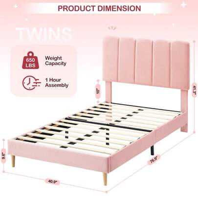 Cama con plataforma estilo princesa para niñas, cabecero tapizado suave, soporte de listones de madera resistentes, no requiere somier, silenciosa, ideal para dormitorios de niños y adolescentes.