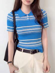 Women's Casual Striped Knit Polo Collar Short Sleeve Top, Suitable For Summer Vacation - Blue - View 3
