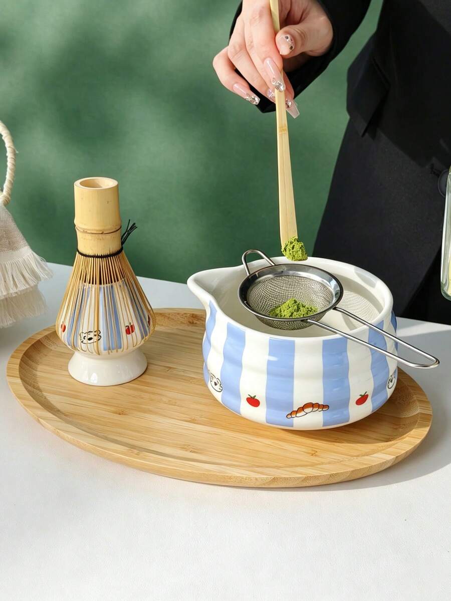 1pc/2pcs/4pcs/5pcs Minimalist Blue Striped Matcha Set, Includes Matcha Bowl With Spout, Bamboo Matcha Whisk, Matcha Scoop, Whisk Stand, Stainless Steel Sifter (For Matcha Tea Ceremony), Gift