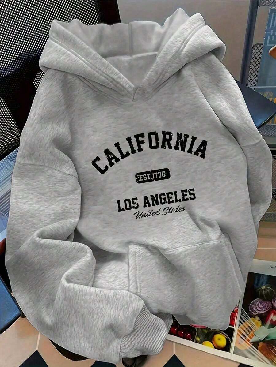 [FNI Fusion]Plus Size Women Clothes | Retro California Los Angeles Letter Print Hoodies For Women, Oversized Casual Tops Women, Perfect For Vacation Outfits Women & Valentine's Day Date Looks, Cozy Fleece Lined Drop Shoulder Hoodie For Daily & Holiday WearWomen Long Sleeve Sweatshirts Plus Size Spring Break Summer Tops For Women Relaxed Daily Outfit. - Đen 2 - Xem 1
