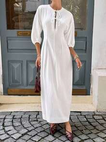 Business Casual Woman Wedding Guest Dress Women All White Party Outfit Women Women's Maxi Dress, White Maxi Dress Old Money Style Wome Teacher Outfits For Women Solid Color, Long Sleeves, Tie-Up Simple And Stylish, Suitable For Summer Ladies Summer Wear Women's Summer Simple Solid Color Front Tie Waist Dress New Year Casual White - trắng - Xem 7