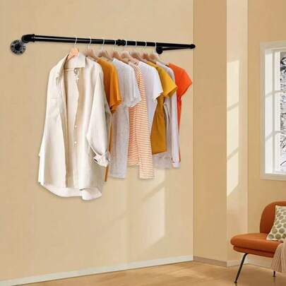Industrial Pipe Clothes Rack, Heavy Duty Detachable Iron Garment Rack Wall Mounted, Rustic Saving Space Clothes Bar Multi-Purpose Hanging Rod For Bedroom, Closet, Black