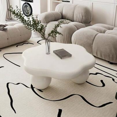 80cm Cream Cloud Shaped Coffee Table, Petal-Shaped Modern Minimalist Coffee Table With Spherical Legs, Cream White Kid & Pet Friendly Space Saving Living Room Table For Small Apartment, Cream White