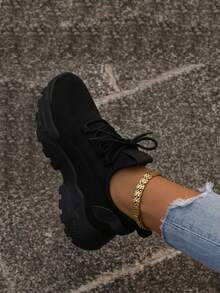 2026 New Women's Solid Color Lace-Up Shoes With Durable EVA Insole. Ideal For Indoor Sports, Hiking, Suitable For Autumn And Winter. - Black - View 8