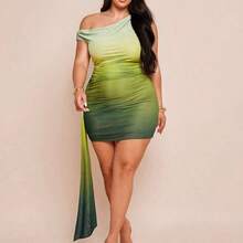 Plus Size Women's Spring Summer Resort Beach Elegant Off-Shoulder Ribbon Green Gradient Mini Dress,Summer Outfits - Naranja - Ver 2