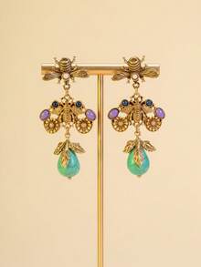 1 Pair Vintage Bee Earrings, Distressed Gold-Tone Jewel Earrings, Bohemian Green Turquoise Teardrop Dangle Earrings, Women Jewelry Gift - Multicolor - View 10