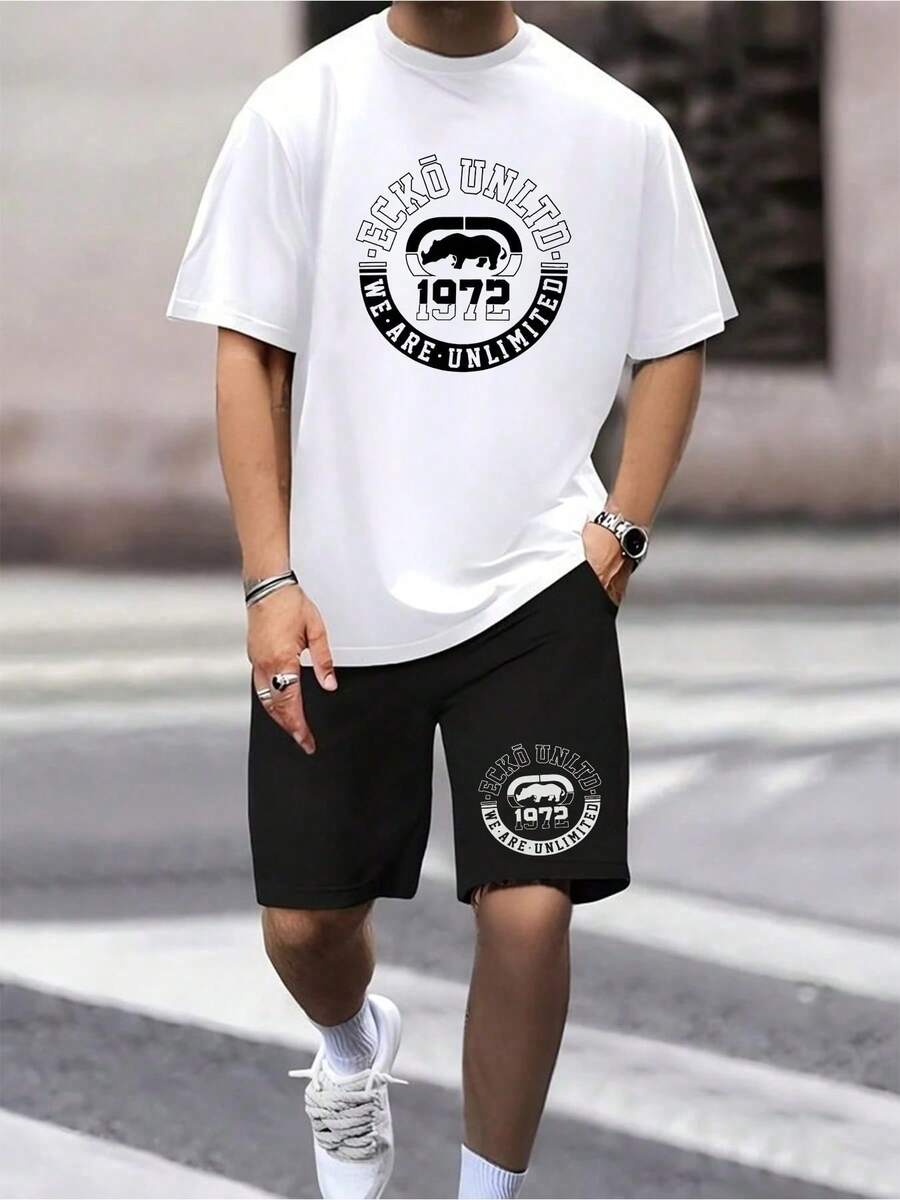 Men's ECKO Matching T Shirt And Shorts Set, 2 Piece Outfit, Casual Summer Streetwear, Athletic Tracksuit, Breathable Soft Fabric, Fashion Sportswear, Ideal For Gym Workout, Running, Travel Vacation, Beach Lounge - 5W - 查看 1