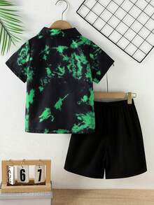 2pcs/Set Boys' Tie-Dye & Graphic Print Short Sleeve Shirt + Solid Color Shorts, Summer - Black - View 2