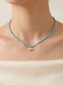 1pc Blue, Pink, Light Blue, White Colorful Turquoise Beaded Stainless Steel Chain Ocean Element Heart Pendant Necklace For Women, Summer Jewelry - Multicolor - View 12