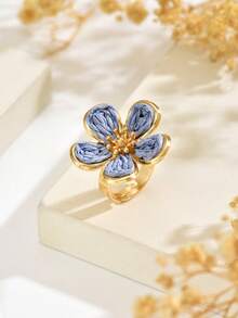 1 pieza Anillo abierto de flor de rafia estilo pastoral fresco, joyería versátil azul para mujer para viajes y desplazamientos - Azul - View 4