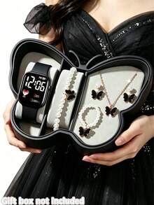 6/5pcs Girls Elegant Cute Fashion LED Digital Display Electronic Watch, Paired With Exquisite Pearl Butterfly Bracelet Necklace Ring Earring Jewelry Set, Suitable For Girls Birthday/Holiday Gifts, Perfect For Graduation Season, Parties, Vacations, Celebrations, Travels, Daily Wear, Ideal Graduation Gift, Perfect Mother's Day Gift For Girls - Multicolor - View 3