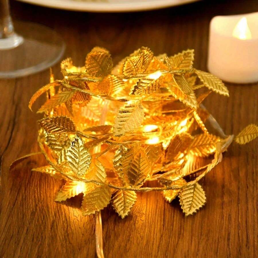 1 Pack Battery Powered 20/50 LED Copper Wire Golden Leaf LED String Light DIY Fairy Atmosphere Lamp Ideal For Home Bedroom Garden Yard Patio Fireplace Dining Table Decoration - Warm white light - View 1