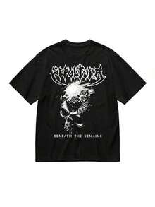 Men's Printed Crew Neck Short Sleeve Casual T-Shirt, Unisex Cotton Short Sleeve T-Shirt, Black Metal Band Sepultura Beneath Remains Pattern T-Shirt - Men's Casual Cotton T-Shirt With Skull And Spiritual Design, Short Sleeve, Crew Neck, Machine Washable, Casual Metal Band T-Shirt, Comfortable And Stylish, Suitable For All Seasons, Patterned Printed Knitted Cotton T-Shirt, Machine Washable - Fashion Clothing. - 黑色 - 查看 16