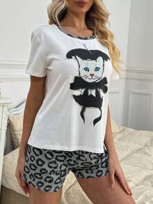 2pcs Women Elegant Summer Short Sleeve Pajamas, Leopard Print Colorblock Round Neck Pullover Loungewear - White - View 3