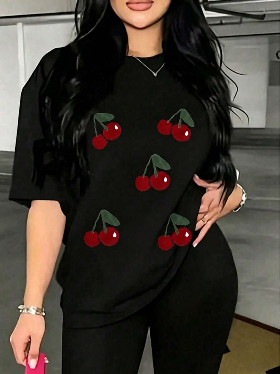 Short-Sleeved T-Shirt For Spring/Summer 2026, Made In Mexico, 180 Grams. Cartoon Print, Couple Design, Suitable For Indoor Or Outdoor Wear. Crew Neck, Unisex, Ideal For Office And Leisure. One-Pack. - 黑色 - 查看 1