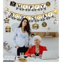 JKQ Happy Boss's Day Banner International Boss Day Paper Bunting Banner Boss's Day Best Boss Ever #1 Boss Party Banner for Office Wall Mantel Fireplace Party Hanging Decorations Supplies - negro y dorado - Ver 6