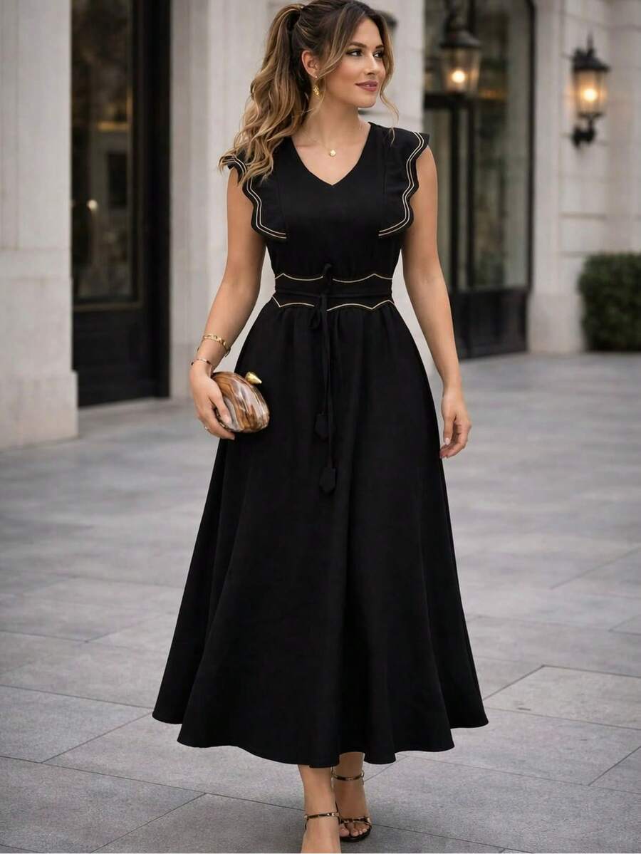 Sensorial Marrante Long Midi Dress, Sleeveless Evangelical Chemise Dress, Solid Marsala Color, For Women, Autumn, Navy Blue - màu đen - Xem 1