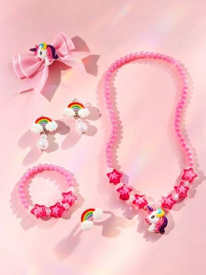 Set de 6 piezas de joyería para niñas con collar, pulsera, aretes y pasadores para el cabello con perlas y moños de unicornio, adecuado para fiestas, cumpleaños y vacaciones