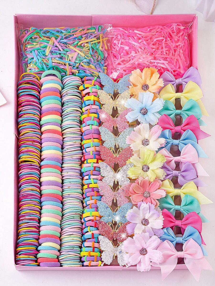 5/859PCS Rainbow Macaron Color Series Energetic Girl Hair Accessory Set, Includes High Elasticity Seamless Hair Ties, Gradient Glitter Butterfly Hair Clips, Flower Hair Clips, Bow Hair Clips, Disposable Small Rubber Bands, Suitable For Girls Outings, Daily, Party Use - Multicolor - View 1