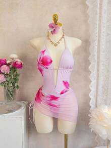 Swim  Bonvoyette New Arrival Women's Elegant Chic Romantic Pastel 3 Piece Pink Bikini Set, Floral Print Halter One-Piece Swimsuit With Sheer Mesh Cover-Up Mini Skirt, Swimwear With Maxi Pink-Purple Lily Print, Deep Plunge V-Neck With Ivory/Cream Pearl Accent, Ruched Waist Detail, Adjustable Halter Straps, Beachwear Perfect For Tropical Summer Beach Vacations, Poolside Glamour Party And Romantic Resort Getaways,Island Vacay&Mod Vibes - Yellow - View 11
