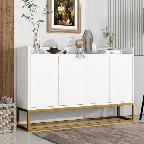 Modern Sideboard In Minimalist Style 4-Türiger Griffloser Buffetschrank Für Esszimmer, Wohnzimmer, Küche (Weiß) - White - View 1