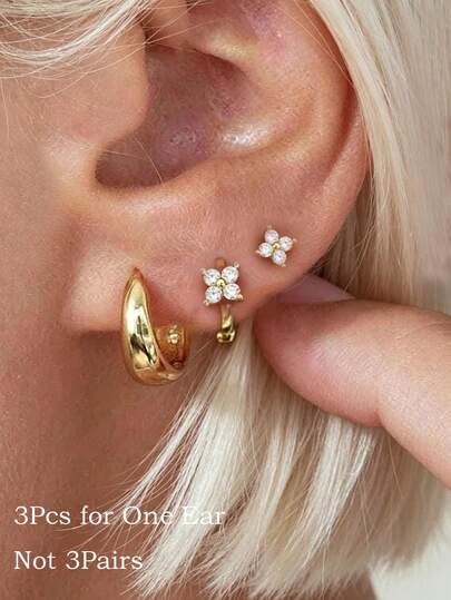 Bộ 3 khuyên tai vòng hoa nhỏ có thể xếp chồng lên nhau dành cho nữ, mạ vàng 14K, đính đá Cubic Zirconia tinh tế, kiểu khuyên tai ôm sát sụn tai, không gây dị ứng, nhẹ, phù hợp với nhiều lỗ xỏ khuyên, dành cho nữ và bé gái.