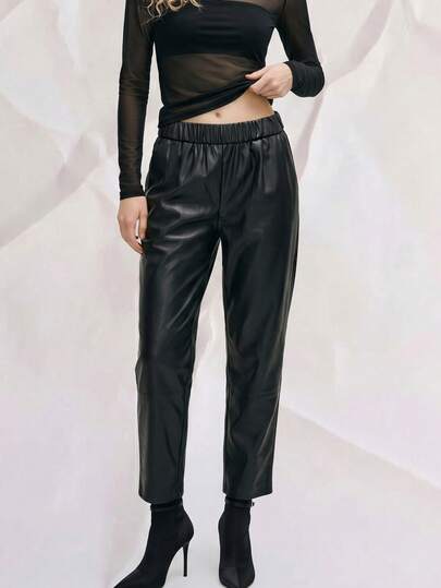 OUTTA BOX Quần dài da PU màu đen sang trọng, cao cấp với cạp chun co giãn, phù hợp cho các bữa tiệc mùa hè, lễ tốt nghiệp, trang phục thường ngày, Ngày của Mẹ.