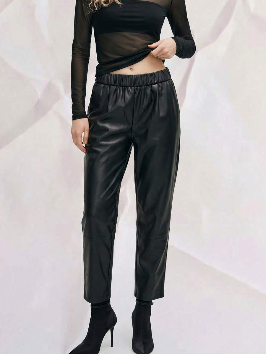 优雅黑色奢华PU皮裤，松紧腰设计，适合夏季派对、毕业典礼、休闲穿着、母亲节等场合。 - 黑色 - 查看 1