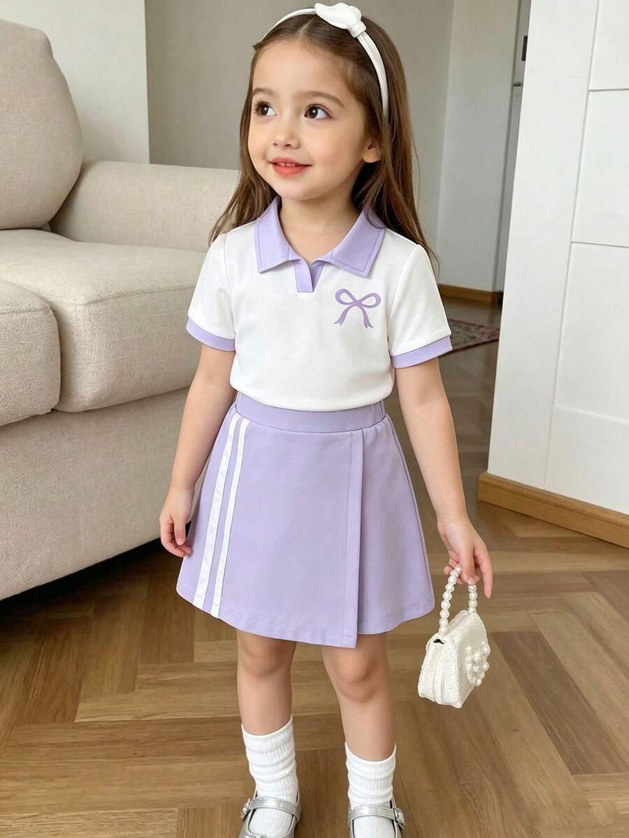 女童對比色領子套裝,春夏輕盈蝴蝶結印花牛奶絲上衣 + 緞帶裝飾不對稱下擺裙,時尚兩件套穿搭 - 淡紫色 - 查看 1